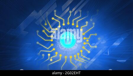 Composition de l'icône de cadenas bleu avec circuits jaunes sur fond bleu avec rectangles réfléchissants Banque D'Images