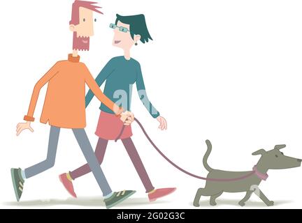 Illustration vectorielle d'un couple marchant sur un chien. Illustration de Vecteur