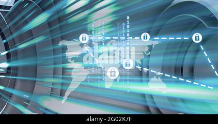 Composition de la carte du monde et des icônes de cadenas blancs connectés sur un arrière-plan flou de mouvement Banque D'Images
