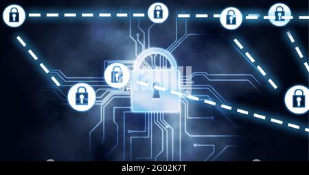 Composition des icônes de cadenas blanc connectées sur le cadenas et du circuit imprimé sur le noir Banque D'Images