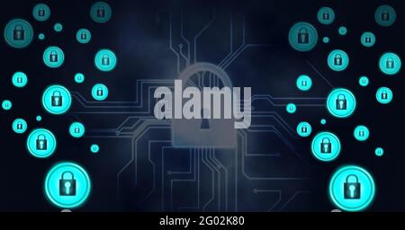 Composition d'icônes de cadenas bleu flottant sur cadenas gris et carte de circuit sur noir Banque D'Images