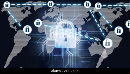 Composition d'icônes de cadenas blanc connectées sur cadenas, carte du monde et carte de circuit imprimé sur noir Banque D'Images