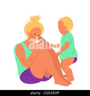 Une femme heureuse avec bébé est assise sur le sol. Corps positif et concept de soins de santé. Illustration vectorielle de style dessin animé plat Illustration de Vecteur