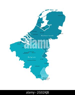 Illustration vectorielle moderne isolée. Carte politique simplifiée des Etats de l'Union Benelux. Formes bleues. Noms des plus grandes villes de Belgique, pays-Bas Illustration de Vecteur