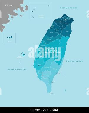 Illustration vectorielle moderne. Carte géographique simplifiée de Taïwan (République de Chine) et des zones les plus proches. Fond bleu des mers. Noms de taiwanais Illustration de Vecteur