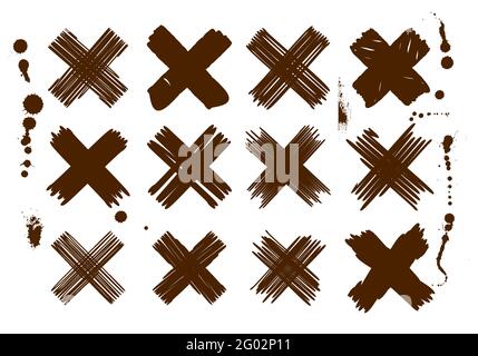 Ensemble de croix vectorielles abstraites noires grunge. Collection d'icônes de croix noires simples dessinées à la main. Lignes transversales de peinture noire. EPS8 Illustration de Vecteur