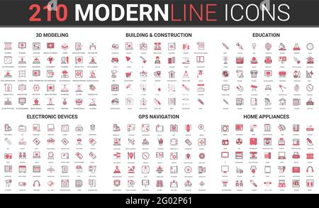 Construction de bâtiments, appareils électroménagers appareils électroniques, navigation gps fin rouge ligne noire icône vecteur jeu d'illustrations. Décrire le processus professionnel d'ingénierie de modélisation 3d, la technologie de l'éducation Illustration de Vecteur