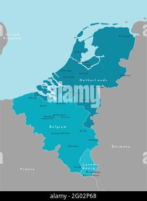 Illustration vectorielle moderne. Carte politique simplifiée des États de l'Union Benelux et des régions voisines. Fond bleu de la mer du Nord. Noms des plus grands Illustration de Vecteur
