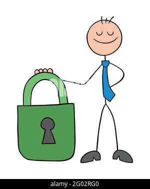 Personnage d'homme d'affaires stickman avec cadenas verrouillé et illustration de dessin animé vecteur heureux. Contour noir et couleur. Illustration de Vecteur