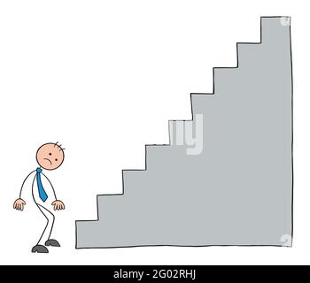 Stickman homme d'affaires caractère à côté des escaliers et désespéré, illustration de dessin animé vectoriel. Contour noir et couleur. Illustration de Vecteur