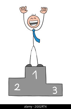 Stickman homme d'affaires personnage en première place sur un podium et très heureux, vecteur illustration de dessin animé. Contour noir et couleur. Illustration de Vecteur