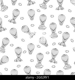 Ballons d'air. Motif vectoriel sans couture avec ballons d'air et nuages mignons, avec voitures et bateaux volants. Illustration vectorielle mignonne Illustration de Vecteur