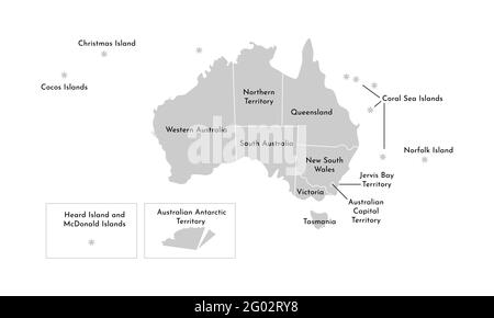 Illustration vectorielle isolée de la carte administrative simplifiée de l'Australie. Frontières et noms des provinces (régions). Silhouettes grises. Blanc oul Illustration de Vecteur