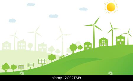 Concept d'écologie et conservation de l'environnement. Paysage naturel, maisons écologiques et énergie renouvelable avec des éoliennes et des panneaux solaires. Vecteur. Illustration de Vecteur