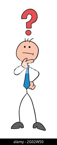 Stickman homme d'affaires personnage debout et confus, illustration de dessin animé vectoriel. Contour noir et couleur. Illustration de Vecteur