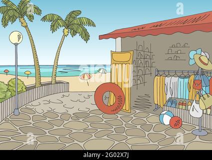 Beach shop graphique couleur paysage esquisse vacances illustration vecteur Illustration de Vecteur