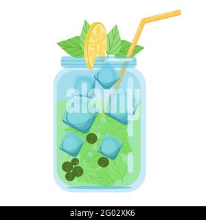 Boissons non alcoolisées, cocktails de fruits, raisins de Corinthe à la menthe, boissons gazeuses dans un pot en verre décoré d'une tranche de citron, objet vectoriel dans un style plat Illustration de Vecteur