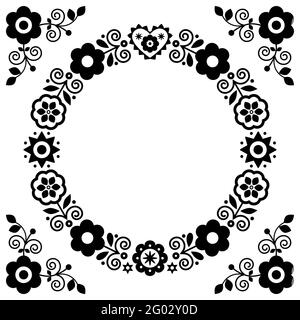 Art populaire polonais vecteur rond noir et blanc mandala design avec fleurs et coeur inspiré de la broderie traditionnelle highlanders Lachy Sadeckie Illustration de Vecteur