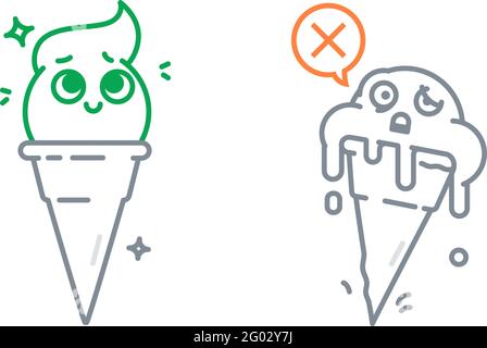 Icônes de crème glacée dans différents États. Glace fondue. Métaphore négative et positive. Vecteur. L'image est isolée sur un fond blanc. Illustration de Vecteur