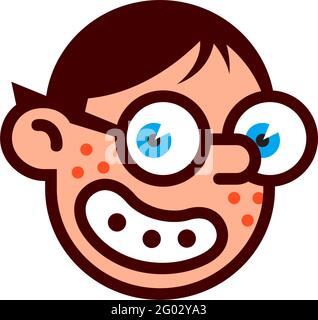 Geek nerd avec des lunettes. La tête du caractère de marque du logo. Vecteur. Kawaii mignon héros à l'œil bleu. L'image est isolée sur un fond blanc Illustration de Vecteur