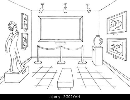 Intérieur du musée graphique noir blanc vide image cadre croquis vecteur d'illustration Illustration de Vecteur