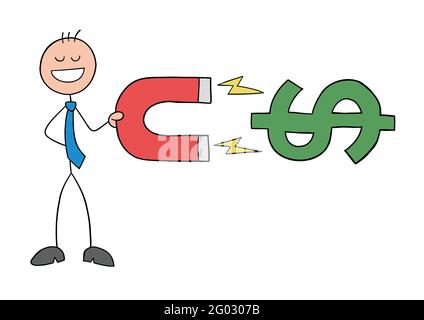 Le personnage d'homme d'affaires de stickman tient un aimant et attire des dollars, illustration de dessin animé vectoriel. Contour noir et couleur. Illustration de Vecteur