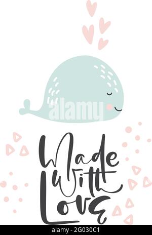 Joli dessin main de baleine vecteur d'illustration dans le style doodle et texte calligraphique fait avec l'amour. Enfants, conception de bébé pour cartes, affiche, art mural de pépinière Illustration de Vecteur