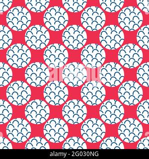 Joli motif vectoriel en forme de vague et de cercle sans couture. Toile de fond rouge avec des groupes de vagues bleu marine dans des cercles blancs. Géométrique nautique Illustration de Vecteur