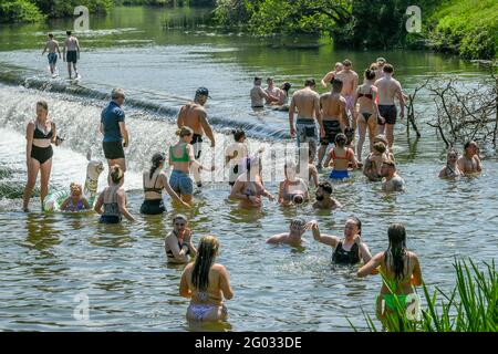 Les gens pagayez et nagent à Warleigh Weir, Bath, car le lundi de Noël pourrait être le jour le plus chaud de l'année jusqu'à présent - avec des températures qui devraient atteindre 25 °C dans certaines parties du Royaume-Uni. Date de la photo: Lundi 31 mai 2021. Banque D'Images