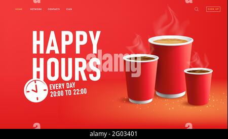 Bannière Web Happy Hours pour café avec tasses en papier pour aller woth americano et cappuccino, étiquette avec icône d'horloge Illustration de Vecteur