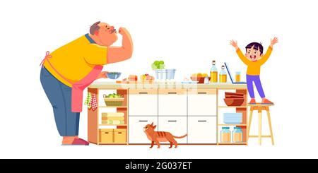 Grand-père et petit-fils dans la cuisine. Votre grand-père vous préparera le repas parfait. Senior drôle homme aîné heureux dans la cuisine. Personnes Illustration de Vecteur