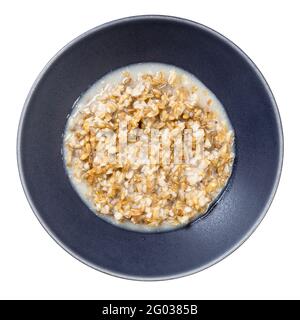 vue de dessus de porridge cuit de l'avoine en gris bol isolé sur fond blanc Banque D'Images