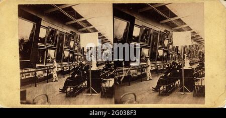 Stereoview de peintures et de sculptures dans la galerie d'art de la grande foire sanitaire, également appelée la grande foire centrale, Philadelphie, Pennsylvanie, juin 1864. Photographie de James Cremer (1821 - 1893). Banque D'Images