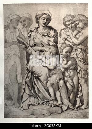 Gravure intitulée 'Saint Marie (la Sainte Vierge) avec l'enfant Christ, Saint Jean le Baptiste et les Angess' par Alphonse François (1814 - 1888), 1859, après une peinture de Michel-Ange Buonarroti (1475 - 1564), 1512. Publié dans 'Michael Angelo Buonarroti' par Charles Christopher Black, 1875. Banque D'Images