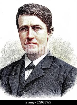 Thomas Alva Edison, 11 février 1847 - 18 octobre 1931, était un inventeur américain, ingénieur en électricité, et entrepreneur spécialisé en génie électrique et électrique / Thomas Alva Edison, 11. Février 1847 - 18. Oktober 1931, war ein US-amerikanischer Erfinder, Elektroingenieur und Unternehmer mit dem Schwerpunkt auf dem Gebiet der Elektrizität und Elektrotechnik, Historisch, historique, numérique reproduction améliorée d'un original du XIXe siècle / numérique Reproduktion einer inalvoraus Origlage 19. Jahrhundert, Koloriert, Kolorierung, koloriert, handkoloriert, Coloriage à la main Banque D'Images