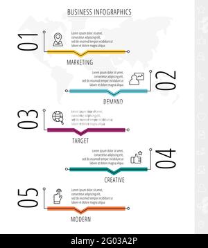 Infographies modernes et vectorielles en cinq étapes. 5 icônes avec des lignes fines pour l'application, le site web, l'interface, le graphique, les niveaux, web, diagramme, bannière Illustration de Vecteur
