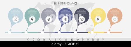 Graphiques vectoriels en sept étapes à partir de cercles avec icônes. Concept de chronologie moderne pour graphique, niveaux, web, diagramme, bannière, présentations, affaires Illustration de Vecteur