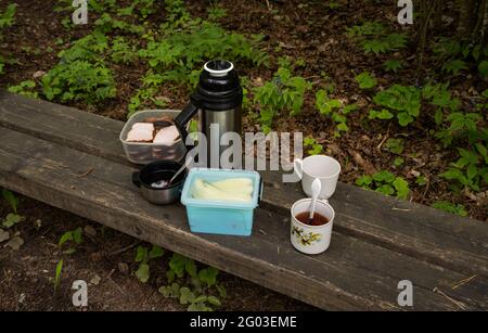 Pique-nique, thé, pain de viande, thermos sur un banc en bois, vert Banque D'Images