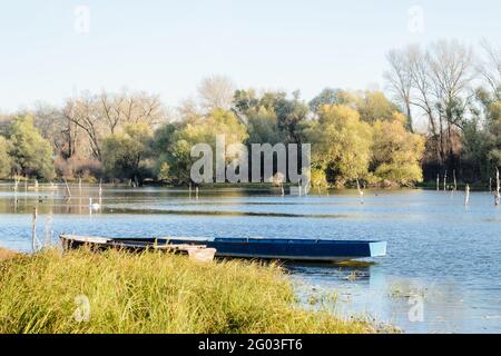 Bateaux de pêche amarrés en bois, pour la rive du affluent, le Danube. Banque D'Images