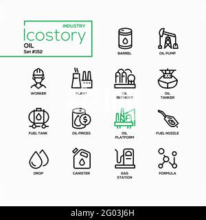 Industrie pétrolière - jeu d'icônes de style de conception de ligne. Raffinerie, stockage et transport. Images noires du baril, de la pompe, du travailleur, de l'usine, du réservoir de carburant. Prix, plat Illustration de Vecteur