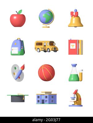 Retour à l'école - jeu d'icônes 3d colorées. Concept d'éducation. Sac à écolier, globe, pinceau et peintures, microscope, bus, livres, cloche, casquette universitaire, flacons, app Banque D'Images