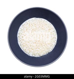 vue de dessus du sabudana bouilli (tapioca sago) dans un bol gris isolé sur fond blanc Banque D'Images