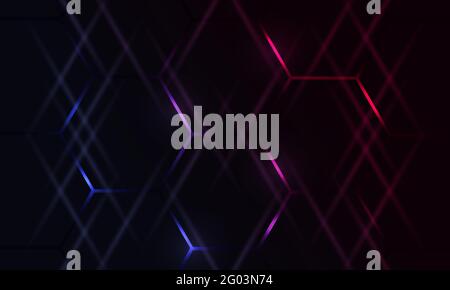 Arrière-plan vectoriel abstrait de jeu hexagonal foncé avec des flashs lumineux bleus et roses. Technologie futuriste jeu cybernétique et l'hexagone esports Illustration de Vecteur