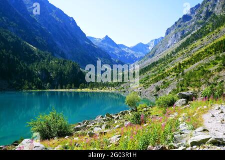 Lac de Gaube près du village de Cauterets dans les Hautes-Pyrénées, France, Europe. Magnifique paysage de montagne en été. Banque D'Images