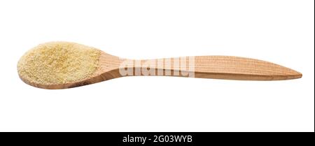 sucre de noix de coco granulé dans une cuillère en bois isolée sur fond blanc Banque D'Images