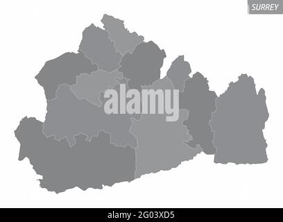 La carte administrative du comté de Surrey est divisée en niveaux de gris et isolée sur fond blanc, en Angleterre Illustration de Vecteur