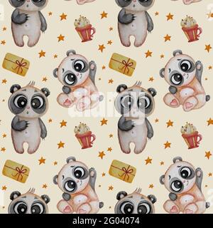 Motifs sans couture. Mignon ours de panda drôle sur un fond jaune clair avec des étoiles et des bonbons. Aquarelle. Collection pour enfants. Pour l'impression, textiles, wal Banque D'Images