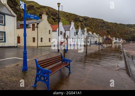 Pennan, Aberdeenshire, Écosse, Royaume-Uni - 05 février 2016 : bancs de quai surplombant la mer du Nord. Maisons historiques en arrière-plan. Jour de pluie. Banque D'Images