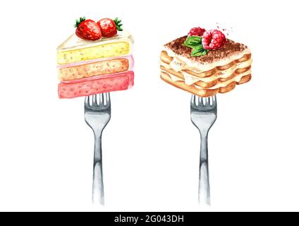 Dessert sucré, biscuits et gâteau sur une fourchette. Concept de régime alimentaire et de saine alimentation. Illustration aquarelle dessinée à la main isolée sur fond blanc Banque D'Images
