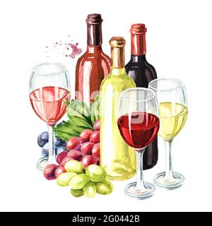 Bouteilles et verres de vin rose, rouge et blanc avec feuilles de vigne et baies de raisin. Illustration aquarelle dessinée à la main isolée sur fond blanc Banque D'Images